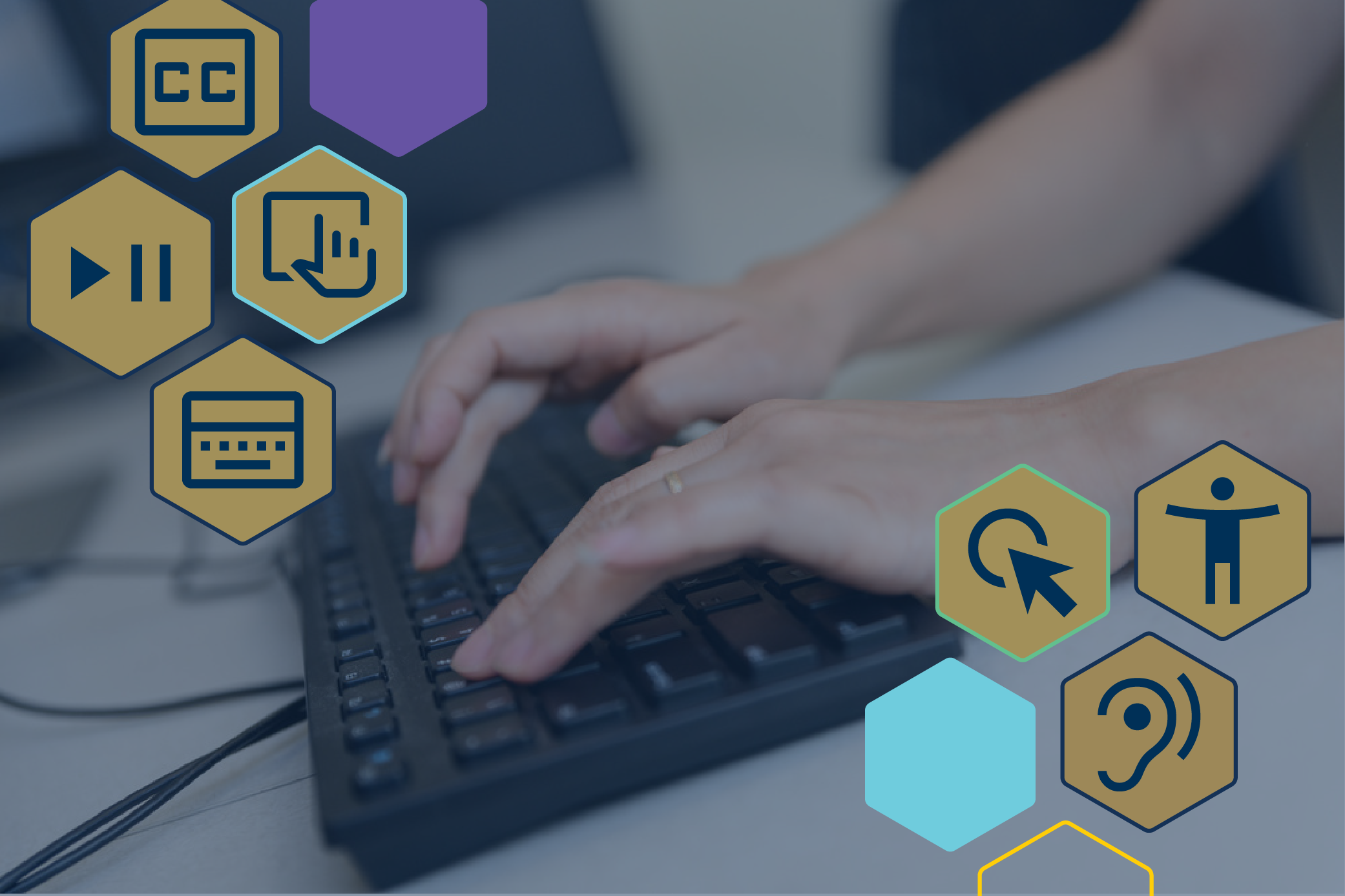 Hands typing on a keyboard with icons symbolizing accessibility overlaid